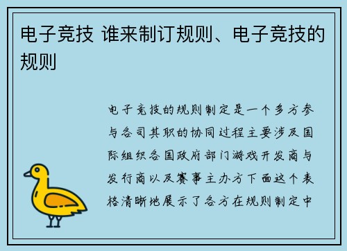 电子竞技 谁来制订规则、电子竞技的规则
